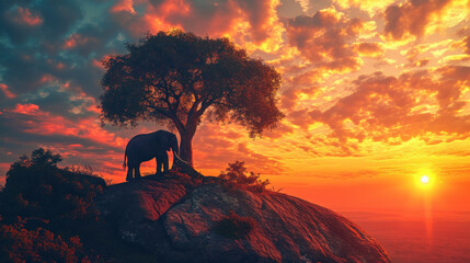 Elephant silhouetted against sunset on savanna. African wildlife and nature.