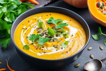 Healthy vegetarian pumpkin and carrot soup with cream seeds and cilantro micro greens Perfect for fall and winter comfort
