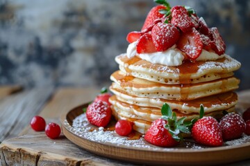 Strawberry pancake tower with yogurt cream and jam