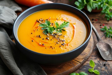 Dark wooden background with carrot soup