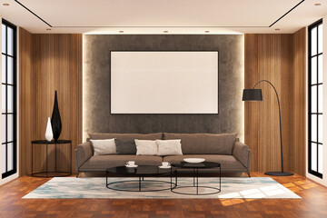Contemporary modern  living room with frame mock up on the wall. Design 3d rendering of  brown wood veneer images. Design print for illustration, presentation, mock up, interior, background. Set 1