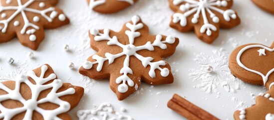 Brown gingerbread cookies decorated with white frosting and cinnamon sticks on a wooden table.