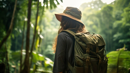 Obraz premium Sunlit Jungle: a Person Engulfed in Nature's Beauty. Generative AI