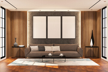 Contemporary modern  living room with frame mock up on the wall. Design 3d rendering of  brown wood veneer images. Design print for illustration, presentation, mock up, interior, background. Set 2
