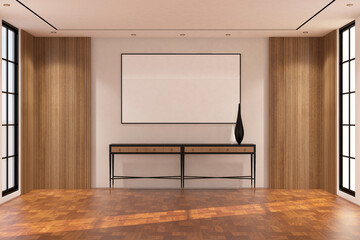 Contemporary modern exibition room with frame mock up on the wall. Design 3d rendering of  brown wood veneer images. Design print for illustration, presentation, mock up, interior, background. Set 9