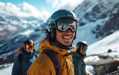 Fototapeta na wymiar skier man with friends with Ski goggles and Ski helmet on the snow mountain