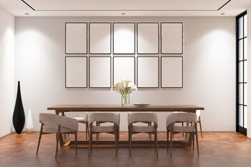 Contemporary modern  dining room with frame mock up on the wall. Design 3d rendering of  brown wood veneer images. Design print for illustration, presentation, mock up, interior, background. Set 10