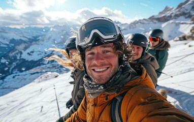 skier man with friends with Ski goggles and Ski helmet on the snow mountain