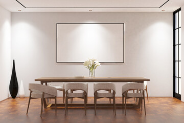 Contemporary modern dining room with frame mock up on the wall. Design 3d rendering of  brown wood veneer images. Design print for illustration, presentation, mock up, interior, background. Set 12
