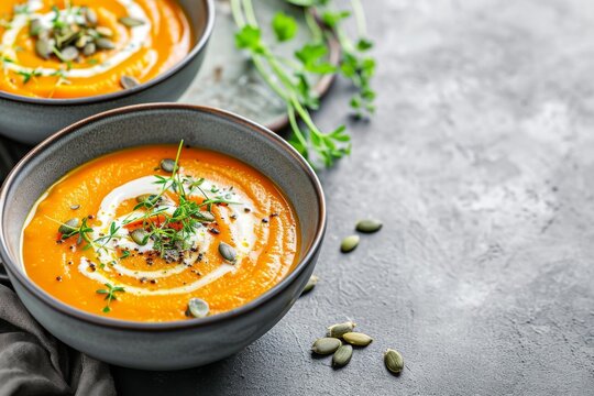 Vegetarian cousine with pumpkin and carrot puree soup turmeric cream paprica chives and pumpkin seeds Vegan recipe organic food food styling green living