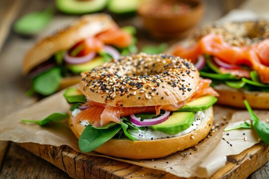 Lox everything bagel with smoked salmon spinach red onions avocado and cream cheese on rustic wood table with blurry background