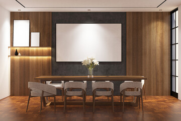 Contemporary modern  dining room with frame mock up on the wall. Design 3d rendering of  brown wood veneer images. Design print for illustration, presentation, mock up, interior, background. Set 17