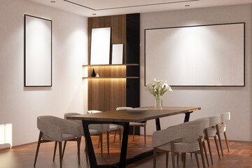 Contemporary modern  dining room with frame mock up on the wall. Design 3d rendering of  brown wood veneer images. Design print for illustration, presentation, mock up, interior, background. Set 19