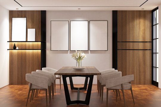 Contemporary modern  living room with frame mock up on the wall. Design 3d rendering of  brown wood veneer images. Design print for illustration, presentation, mock up, interior, background. Set 20