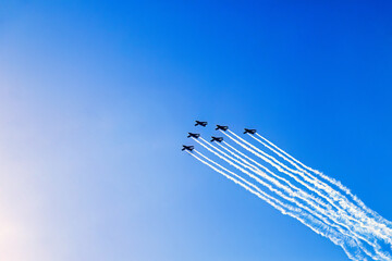 Fighter planes in formation flight with white condensation trails