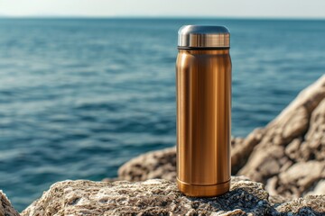Metal thermos with steaming drink on stony beach space for writing