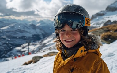 Fototapeta na wymiar boy skier with Ski goggles and Ski helmet on the snow mountain