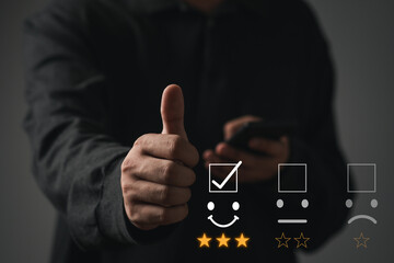 Business people or customers show satisfaction through the application on the smart mobile phone...