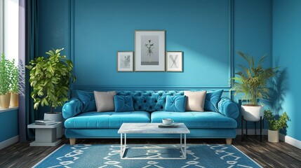 Blue living room. Interior design. 
