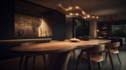 Interior Design: Dining Room, Organic Shaped and Natural Materials. Generative AI