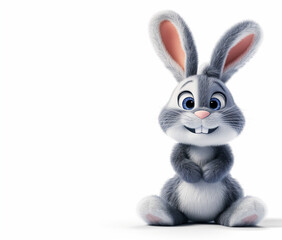 Obraz premium Cute funny Easter bunny with fluffy grey-white fur on a white background. Easter template for cards, marketing or online posts.