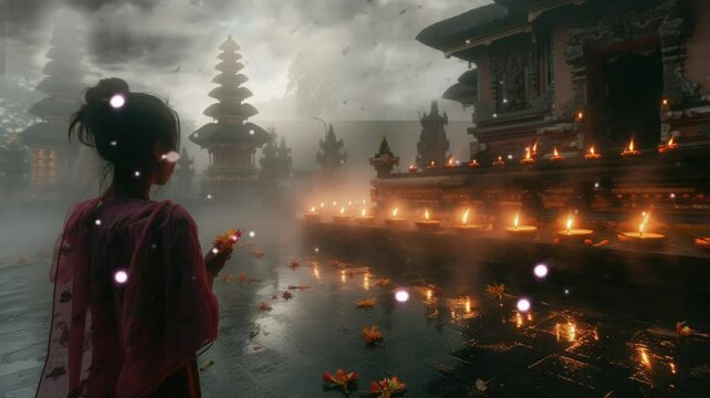 a girl who prays in a temple so that her wish will come true. seamless looping time-lapse virtual 4k video Animation Background.