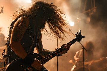 Long-haired rock musician with electric guitar playing in dark smoke with orange lighting. Neural...