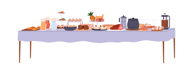 Buffet-style table, smorgasbord with food and drinks for breakfast, morning meal. Coffee, bakery and snacks station for self-service lunch. Flat vector illustration isolated on white background