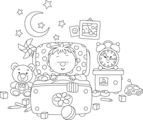 Little boy sleeping in his pretty small bed among funny toys in a nursery room on a moonlit night, black and white vector cartoon illustration for a coloring book