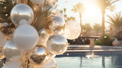 Birthday greeting background with bouquet of golden balloons by the pool. AI generated image.