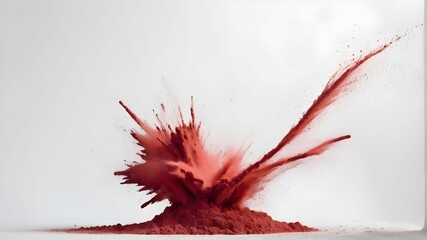 the frozen movement of a red powder exploding/throwing out a red color on a white background.
