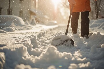 Cleaning city streets after a snowstorm with a shovel under the winter sunlight
