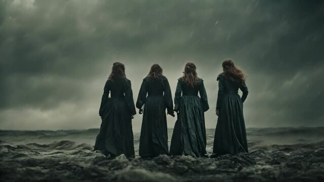 Surrealistic portrayal of Macbeth encountering the three witches amidst a stormy backdrop.