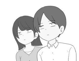 スンとした表情の男女　グレー