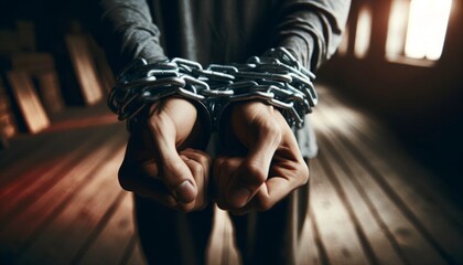 An arrested man holds his hands in front of him in iron chains in prison. - obrazy, fototapety, plakaty