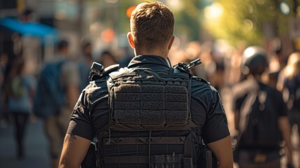 Photo from behind of law enforcement officer in special clothing and body armor, patrolling noisy city with group of co-workers. - obrazy, fototapety, plakaty