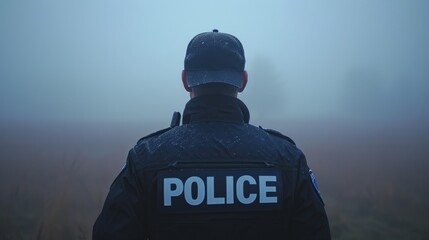 Rear view photo of police officer in dark-blue uniform standing in middle of foggy field. - obrazy, fototapety, plakaty