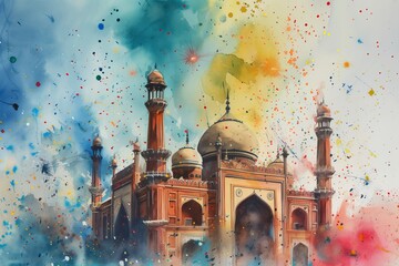 mosque is depicted with detailed architecture, featuring domes and tall minarets against a backdrop of a chaotic yet beautiful blend of colors - obrazy, fototapety, plakaty