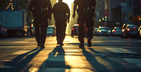 Three law enforcement officers left police station and patrolling city on foot. - obrazy, fototapety, plakaty