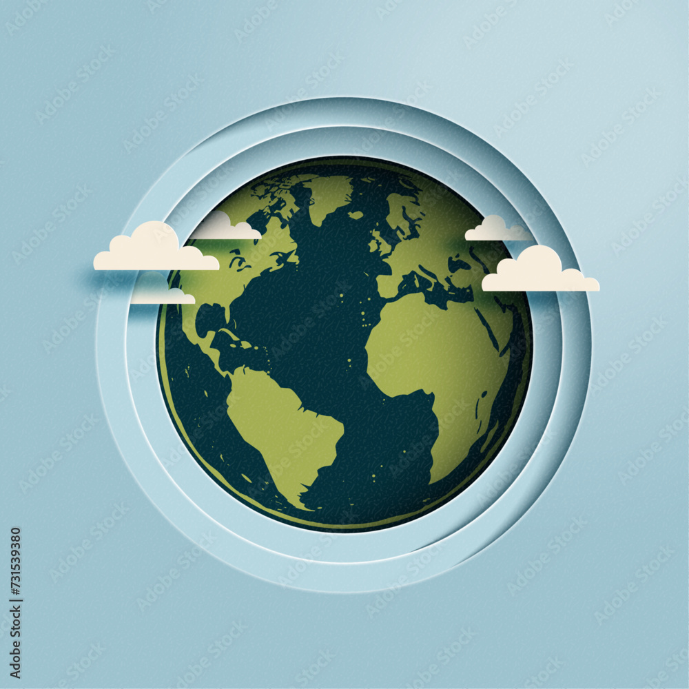 Poster happy earth day. ecology and environment concept. globe map in the circle frame on blue background. 