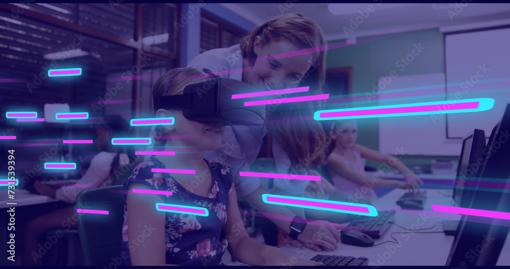 Sticker Image of glowing light trails of data transfer over caucasian woman in vr headset