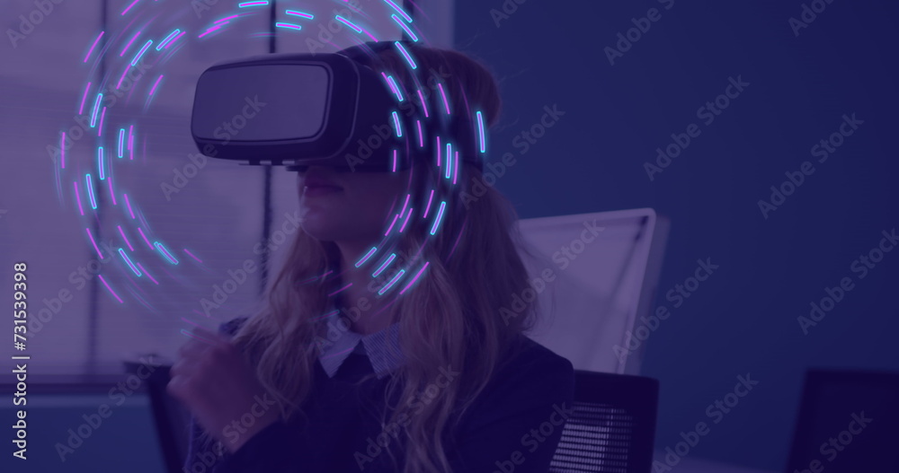 Poster Image of glowing light trails of data transfer over caucasian woman in vr headset