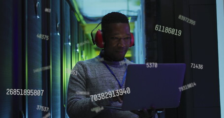 Image of data processing over african american male it engineer and computer servers