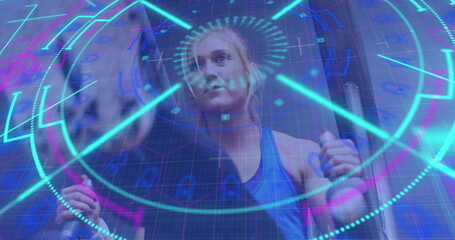 Image of circular scanner processing data over female athlete exercising