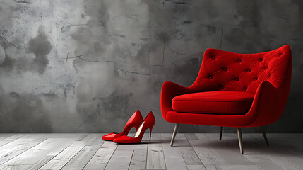 red pumps and red chair - obrazy, fototapety, plakaty