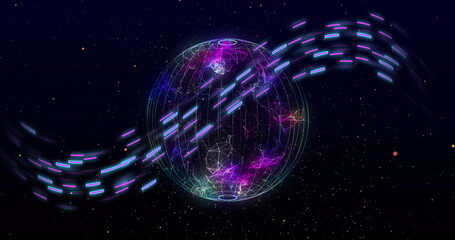 Image of glowing light trails of data transfer over globe moving in fast motion