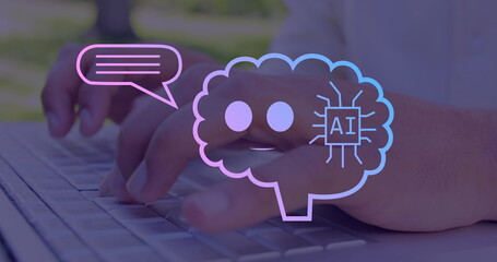 Image of ai text, icons and data processing over caucasian man using laptop