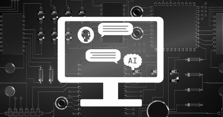 Image of ai text, icons and data processing over circuit board
