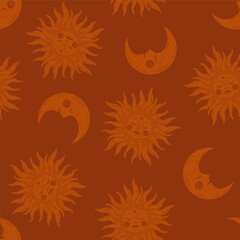 Brown seamless pattern with celestial sun and moon