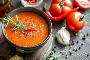 Tomato soup with red pepper olive oil rosemary and smoked paprika on a wooden surface